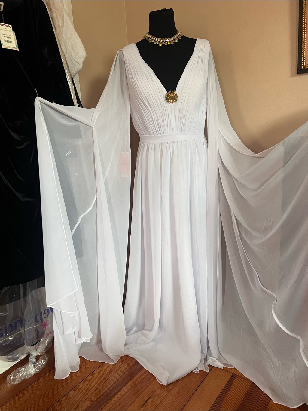 Jjs House White Chiffon V-Neck Maxi Gown With Draped Cape Sleeves